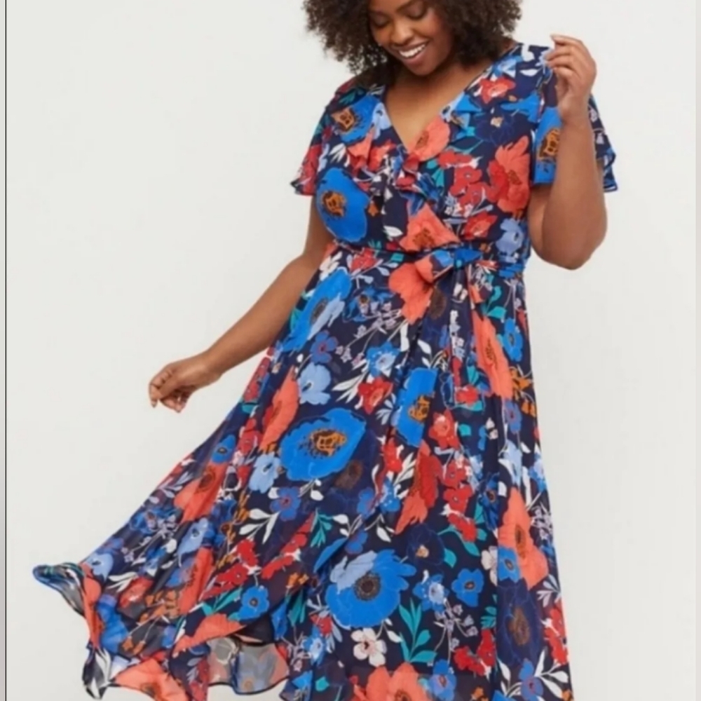 Lane Bryant Floral Faux Wrap Maxi Dress Flutter Sleeves Ruffle Hem Size 28